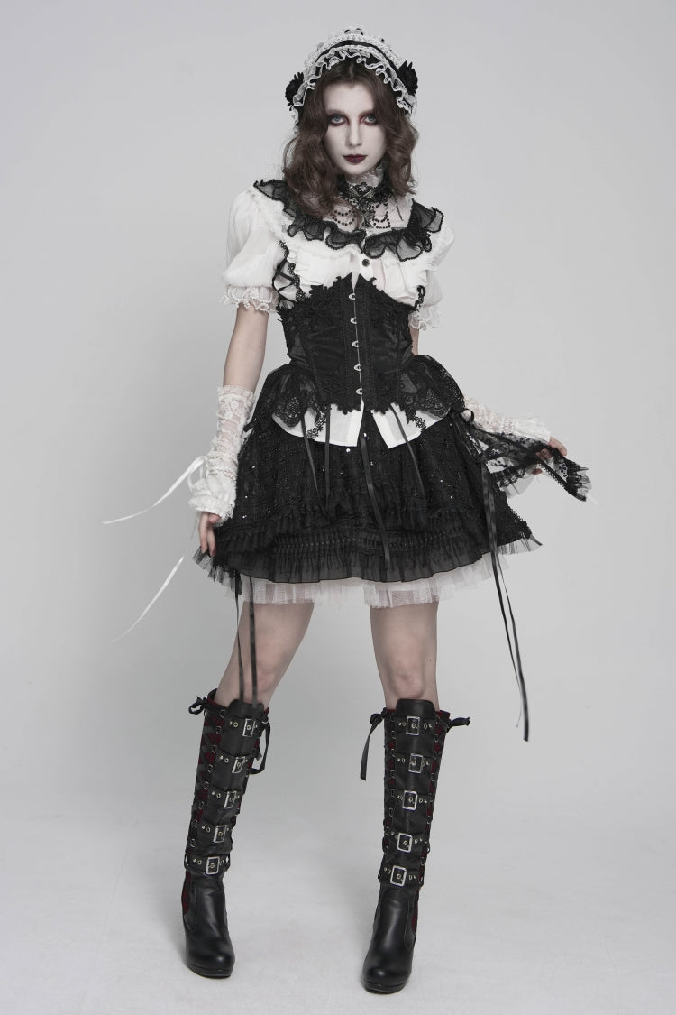 Black/White Stand Collar Short Sleeves Embroidered Lace Lace-Up Slim Pleated Women's Gothic Palace Blouse - Black/White - 1