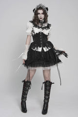 Black/White Stand Collar Short Sleeves Embroidered Lace Lace-Up Slim Pleated Women's Gothic Palace Blouse - Black/White - 1