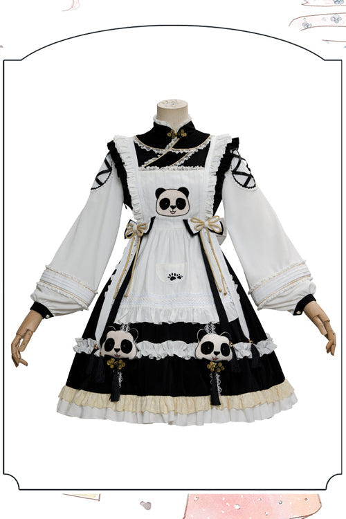 Black/White High Neck Lantern Sleeves Multi-Layer Ruffled Panda Bun Shop Sweet Lolita Op Dress - Product - 6