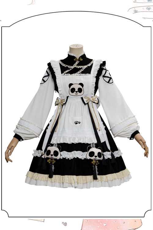 Black/White High Neck Lantern Sleeves Multi-Layer Ruffled Panda Bun Shop Sweet Lolita Op Dress - Product - 6