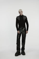 Black Zippered Eyelet Men's Punk Faux Leather Pants - Product - 4