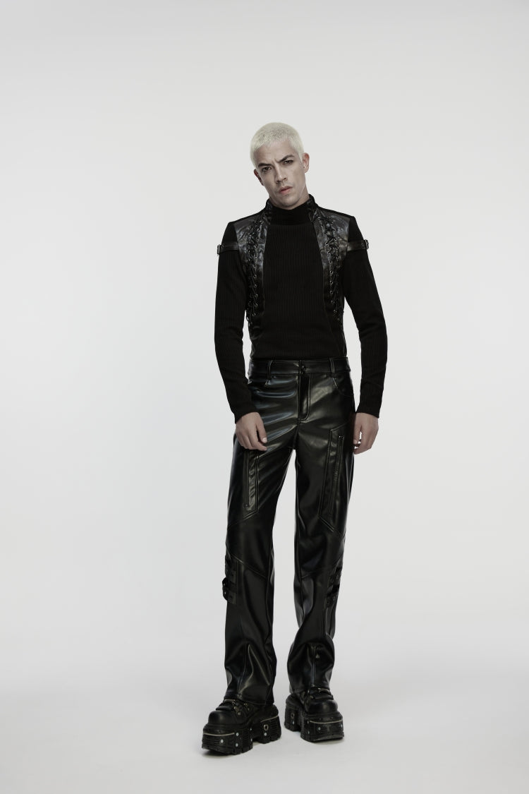 Black Zippered Eyelet Men's Punk Faux Leather Pants - Product - 4