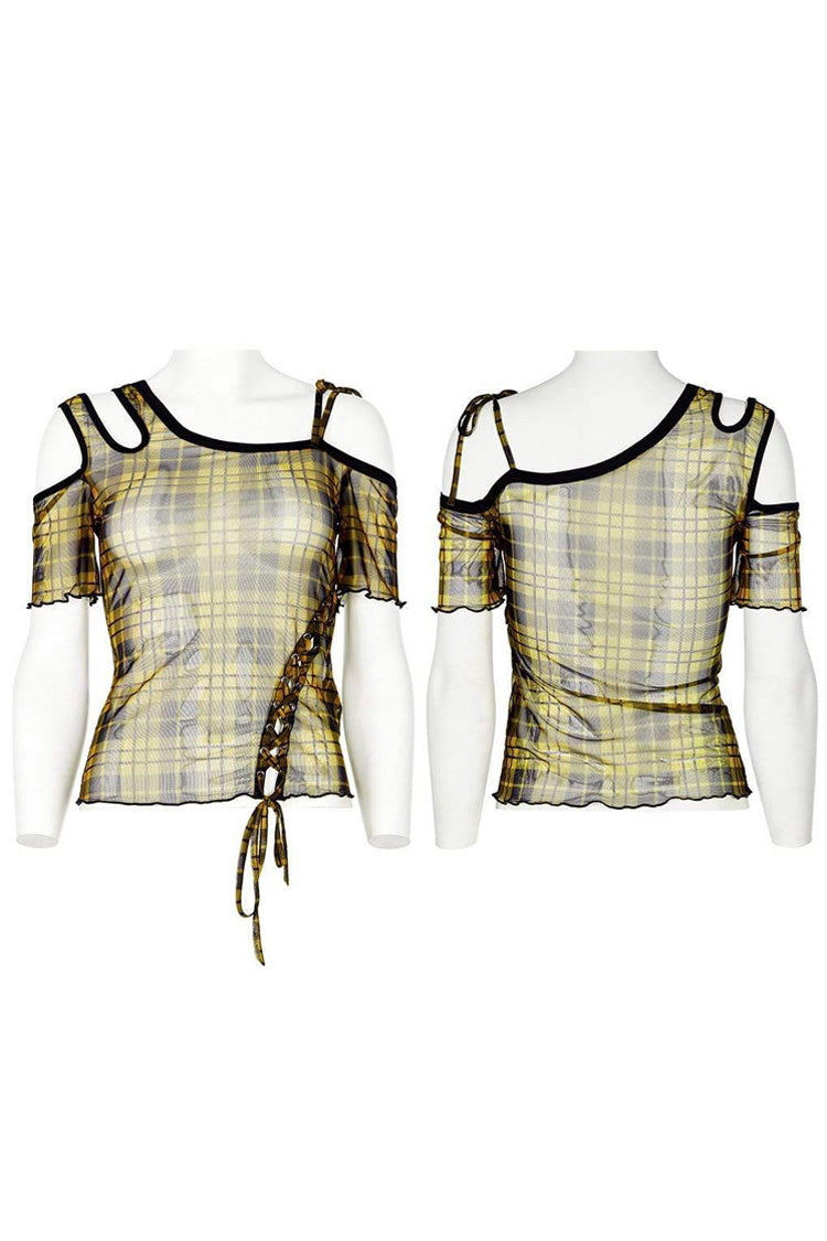 Asymmetrical Cutout Neckline Strap Design Plaid Mesh Women's Punk T-Shirt - Product - 8