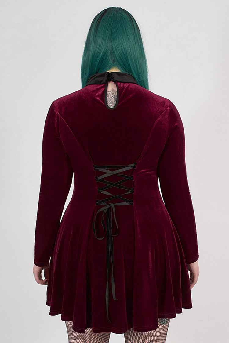 Red Velvet Front Chest Hollow-Out Decals Back Lace-Up Long Sleeve Plus Size Women's Gothic Dress - Product - 3