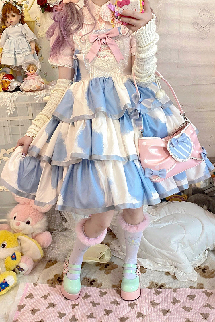 Blue Sleeveless Triple-Layered Cow Print Ruffle Bowknot Sweet Lolita Jsk Dress - Product - 14