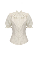 White Victorian Vintage Stand Collar Ruffled Short Puff Sleeves Classic Lolita Blouse - Product - 3