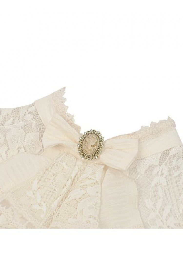 Beige Stand Collar Short Puff Sleeves Lace Sheer Lace-Up Women's Gothic Blouse with Detachable Bowknot - Product - 13