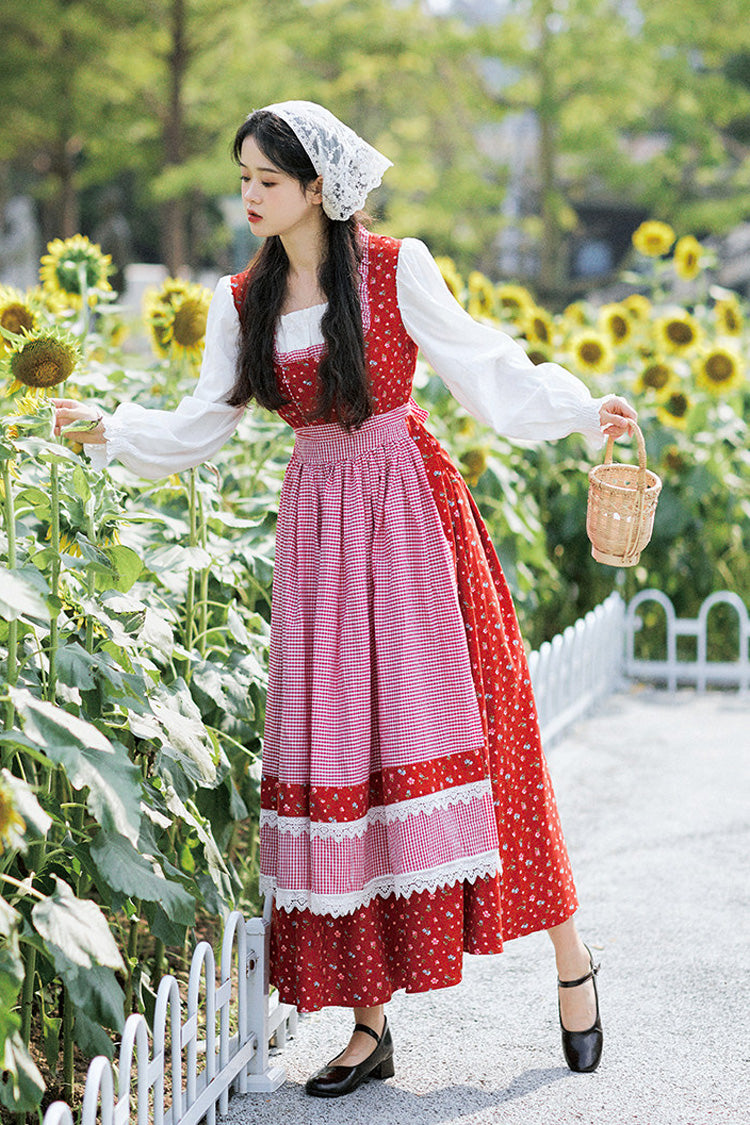 Red French Country Floral Shepherd Square Collar Long Sleeves Printed Ruffled Classic Vintage Lolita Dress - Product - 5