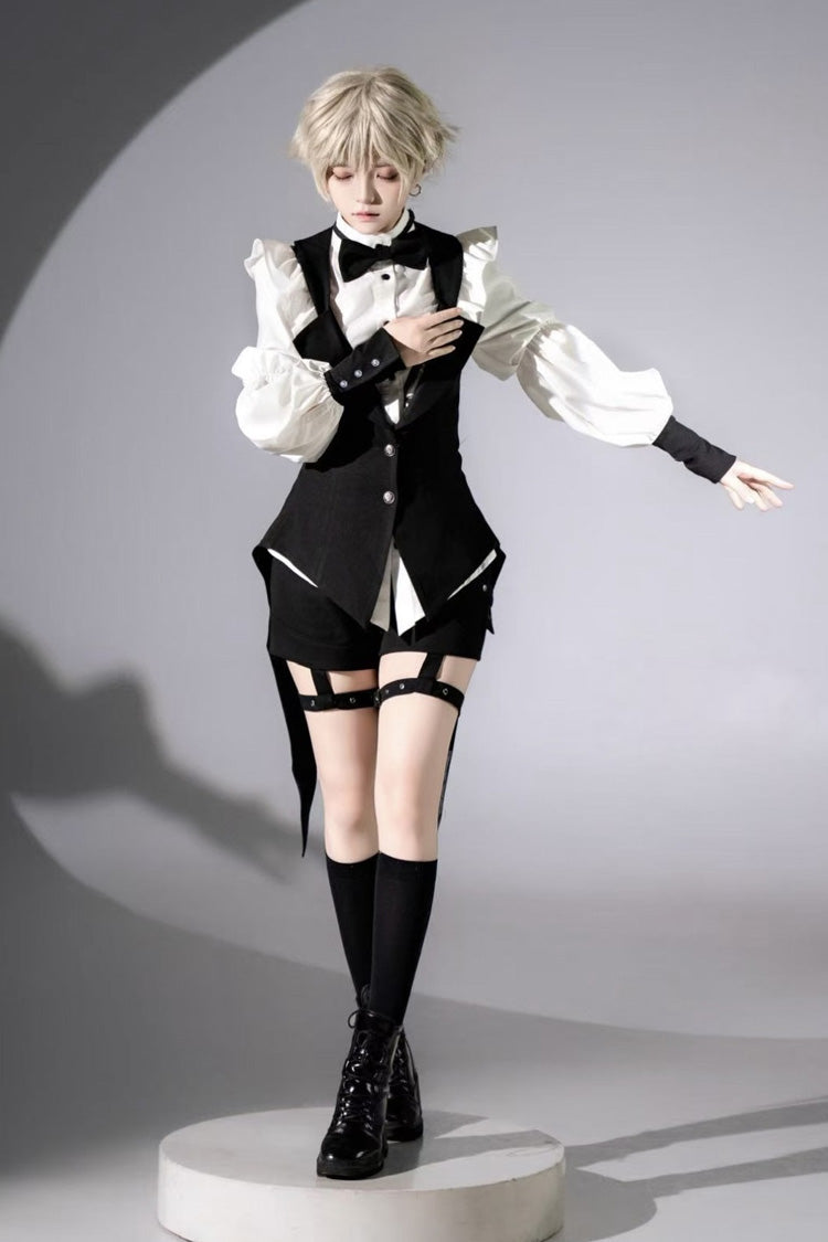 Black/White Stand Collar Long Sleeves Bowknot Gothic Prince Ouji Lolita Blouse Shorts Swallowtail Vest Set - Product - 5