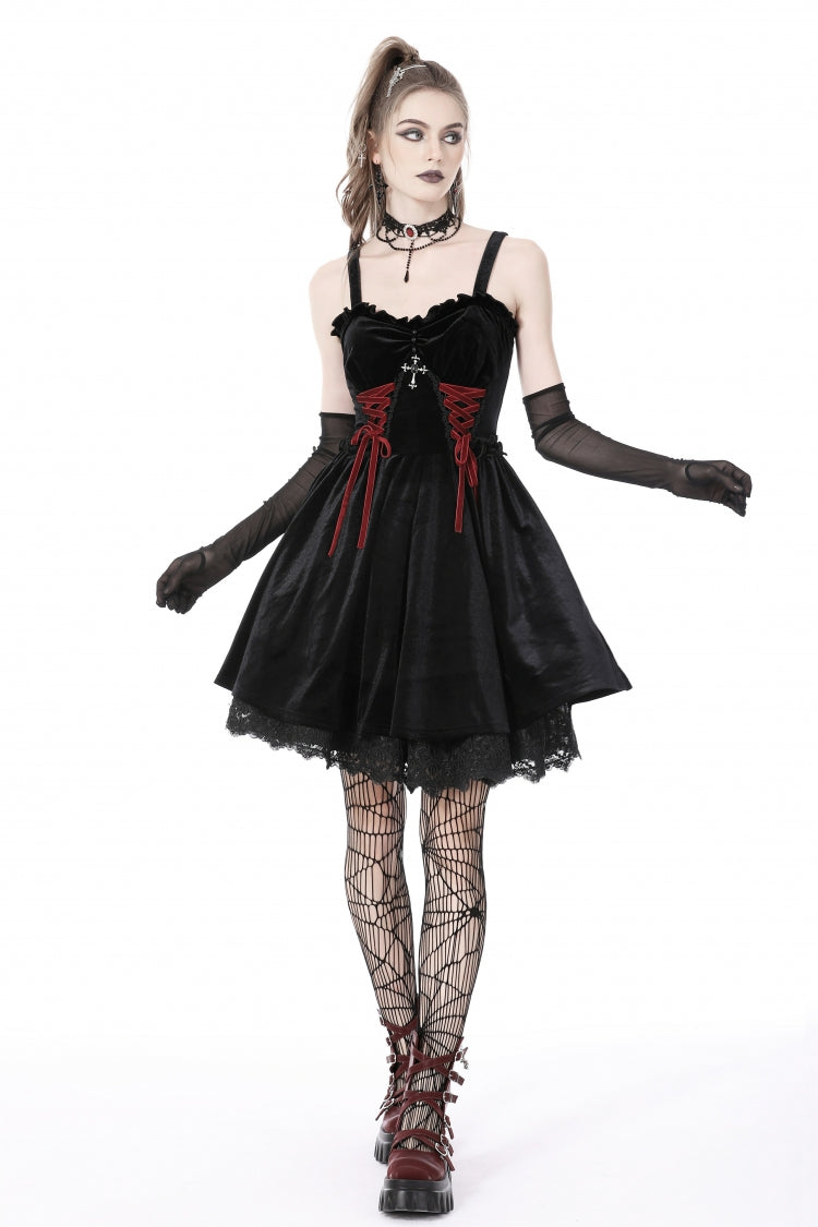 Black/Red Cross Lace-Up Strappy Women's Gothic Velvet Slip Dress - Product - 9
