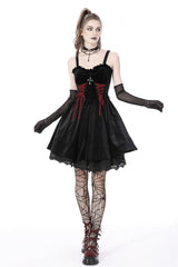 Black/Red Cross Lace-Up Strappy Women's Gothic Velvet Slip Dress - Product - 9