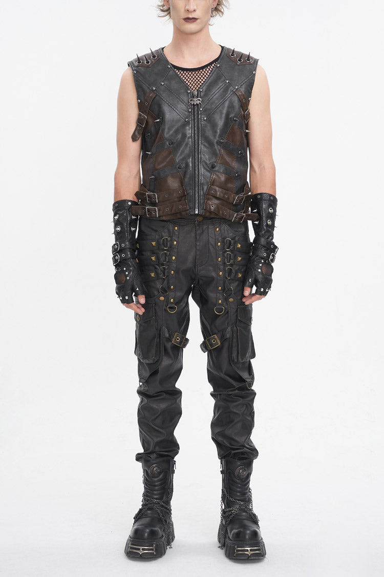 Black Studded Faux Leather Men's Punk Vest - Black - 1
