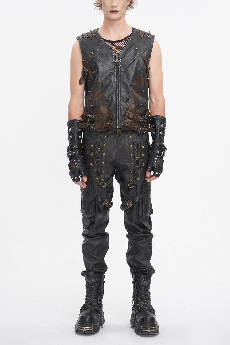 Black Studded Faux Leather Men's Punk Vest - Black - 1