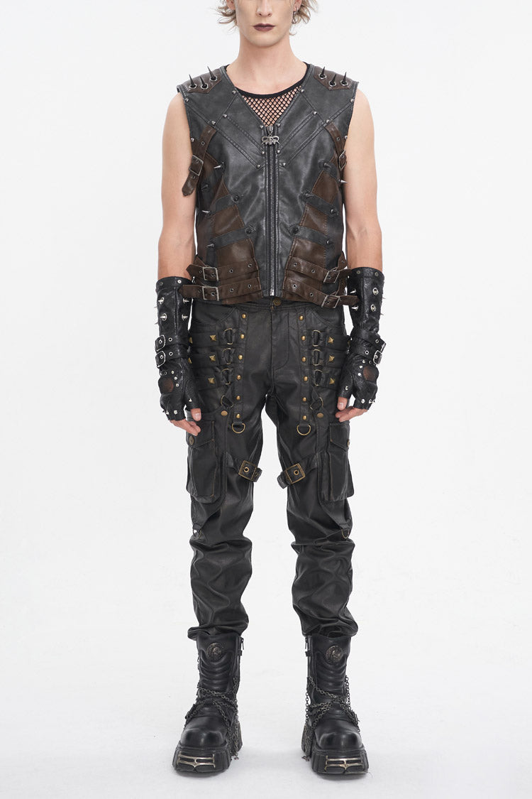 Black Studded Faux Leather Men's Punk Vest - Black - 1