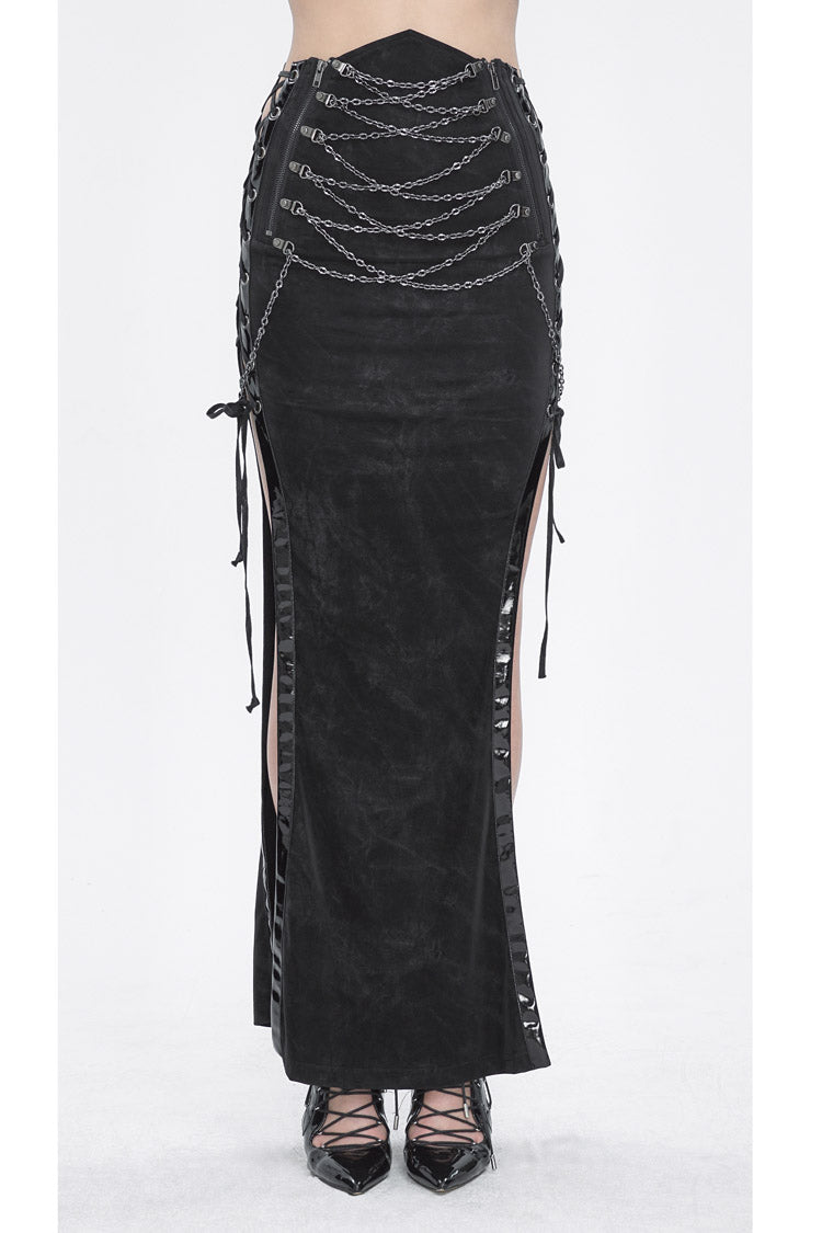 Black High Waisted Side Slit Slim Women's Steampunk Skirt - Product - 2