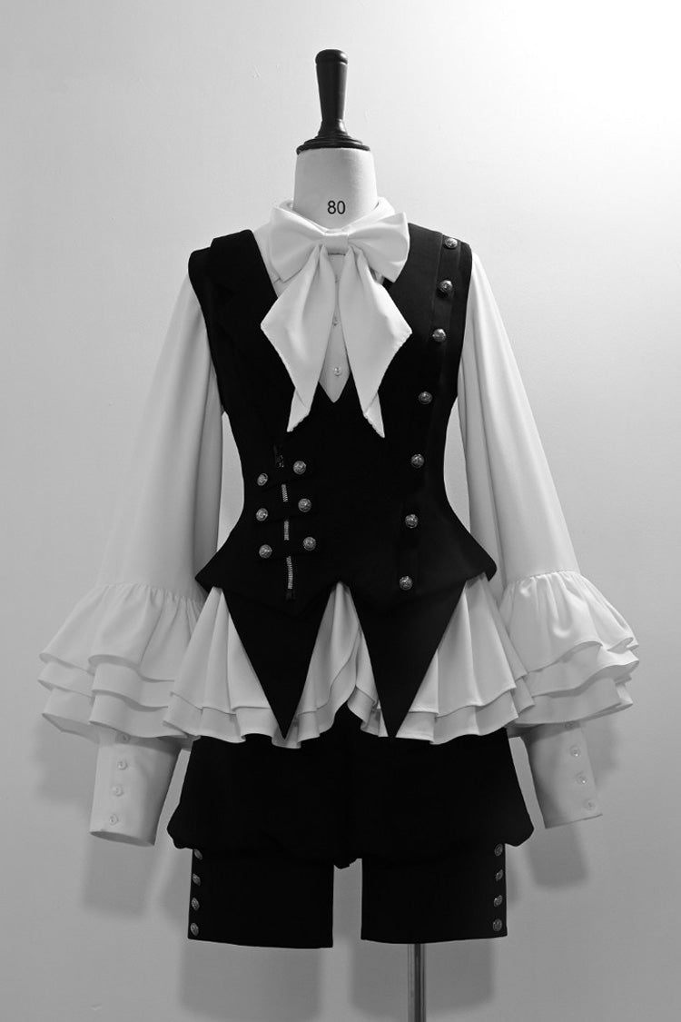 Black [Ash] Lapel Collar Long Sleeves Ruffled Bow Classic Vintage Elegant Prince Ouji Lolita Blouse Shorts Vest Set - Product - 3