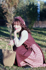 Brown French Retro Pastoral Style Long Sleeves Stitching Plaid Crinkle Sweet Lolita OP Dress (Headkerchief is included) - Product - 2