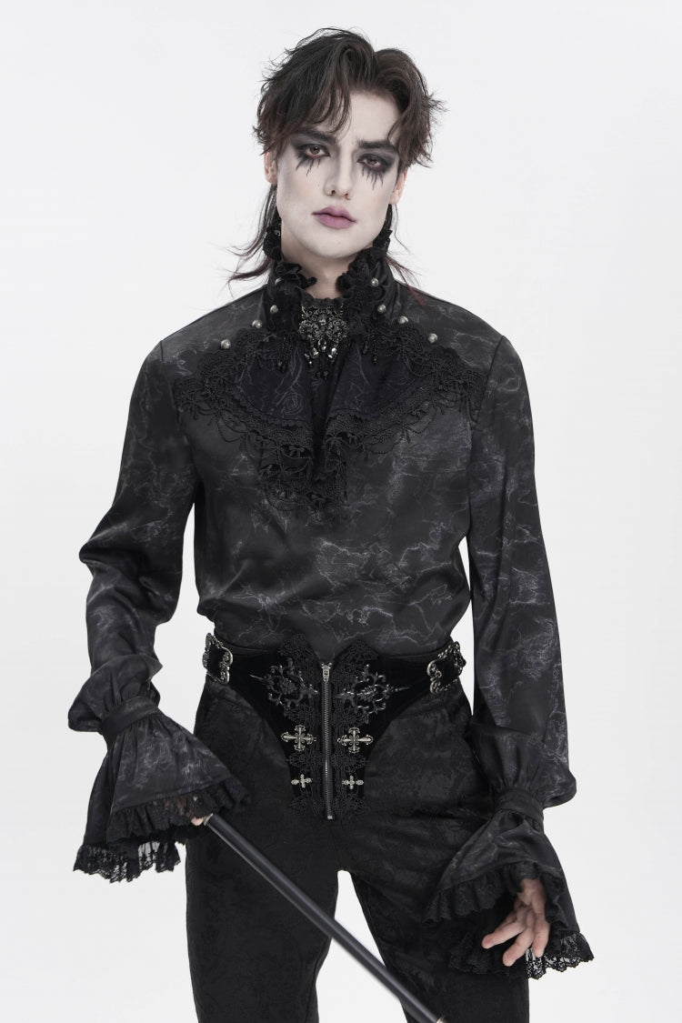 Black Stand Collar Long Trumpet Sleeves Printed Bow Lace Pearl-Decorated Men's Gothic Gorgeous Shirt - Black - 1