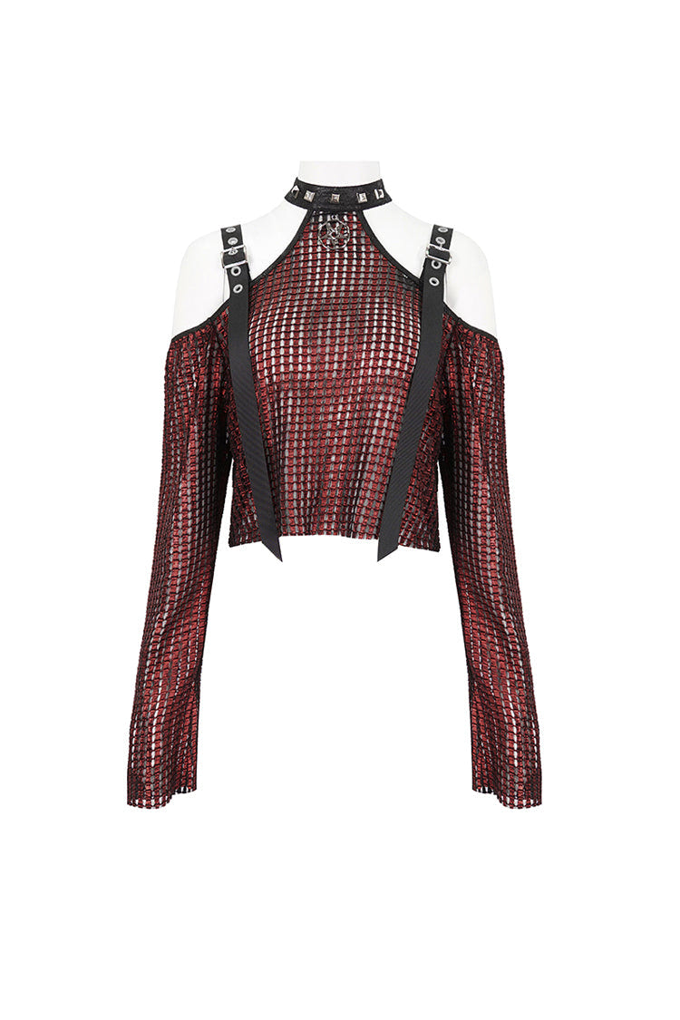 Red Off Shoulder Buckle Sheer Crop Women's Gothic Shirt - Product - 7