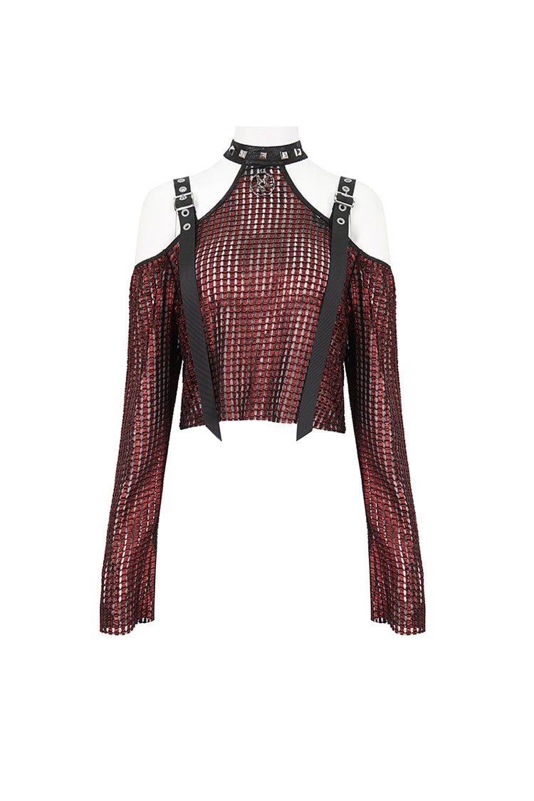 Red Off Shoulder Buckle Sheer Crop Women's Gothic Shirt - Product - 7