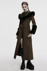 Coffee Long Sleeves Faux Fur Stitching Lace-Up Detachable Women's Gothic Coat - Product - 4