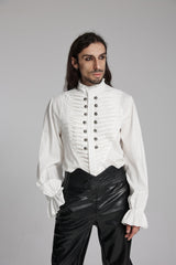 White Stand Collar Beast Buckle Long Sleeves Ruffle Men's Gothic Blouse - Product - 2