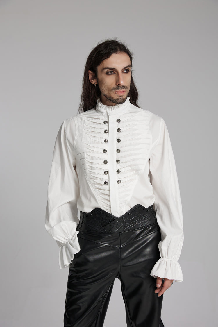 White Stand Collar Beast Buckle Long Sleeves Ruffle Men's Gothic Blouse - Product - 2