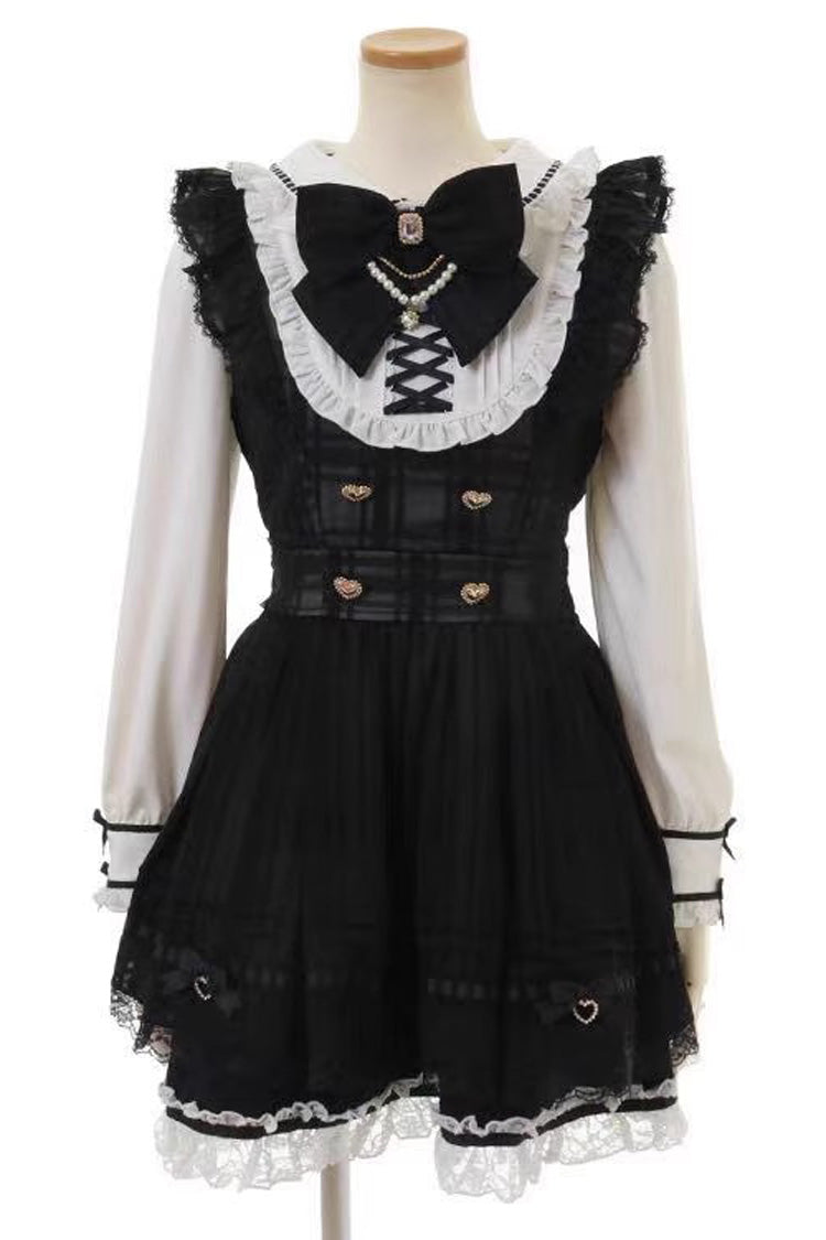 Jirai Kei Long Sleeves Print Ruffle Bowknot Lace-Up Dress 3 Colors - Black - 2