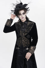 Black Lapel Collar Long Sleeves Jacquard Embroidered Slim Color-Blocked Men's Gothic Jacket - Product - 10