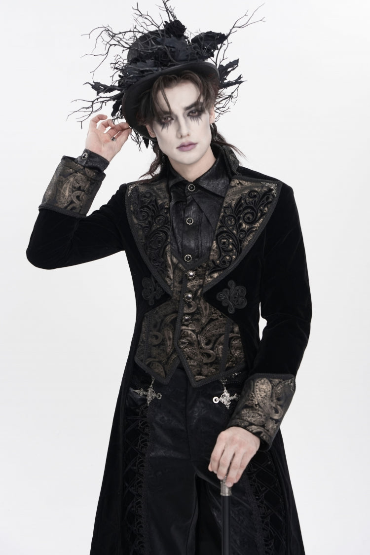 Black Lapel Collar Long Sleeves Jacquard Embroidered Slim Color-Blocked Men's Gothic Jacket - Product - 10