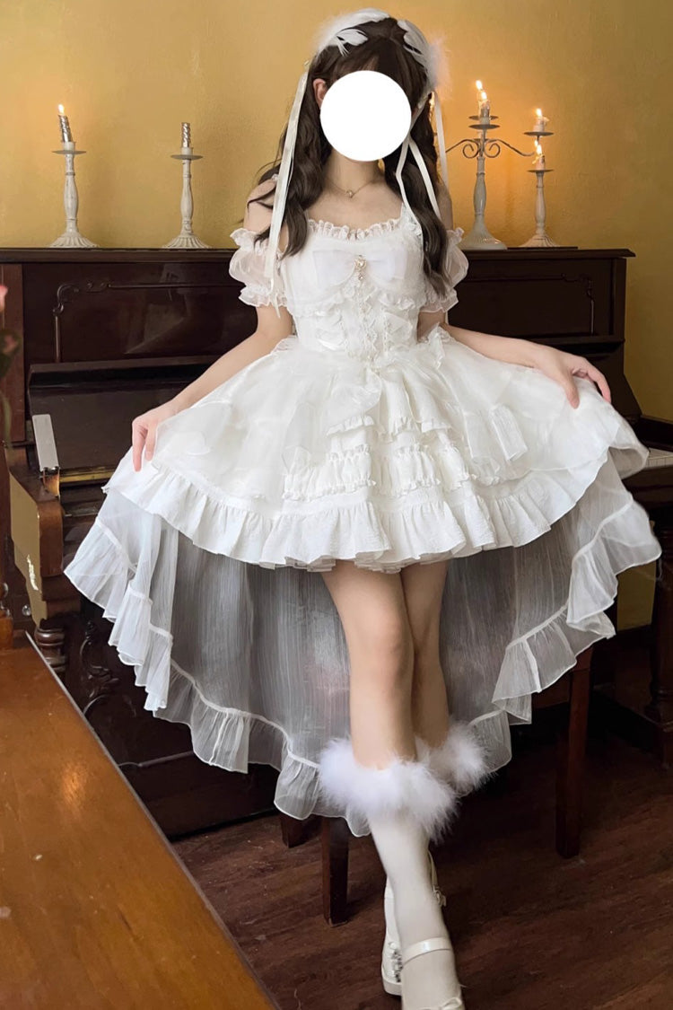 White Sleeveless Multi-layer Ruffle Bowknot Sweet Lolita Jsk Dress - White - 1