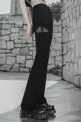 Black Side Open Drawstring Design Sexy Elastic Women's Punk Flared Pants - Product - 3