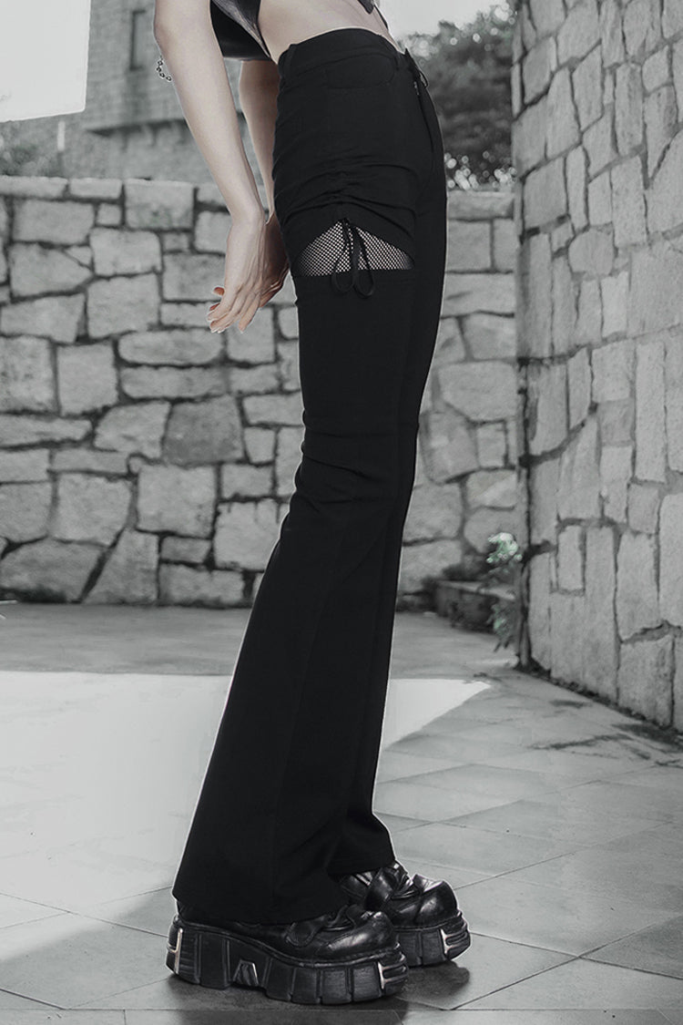 Black Side Open Drawstring Design Sexy Elastic Women's Punk Flared Pants - Product - 3