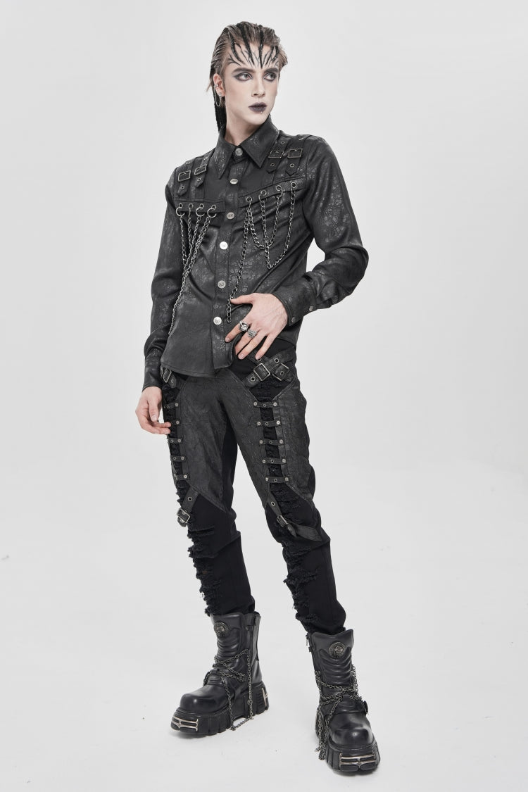 Black Lapel Collar Long Sleeves Buckled Strappy Chain-Decorated Men's Punk Shirt - Product - 11
