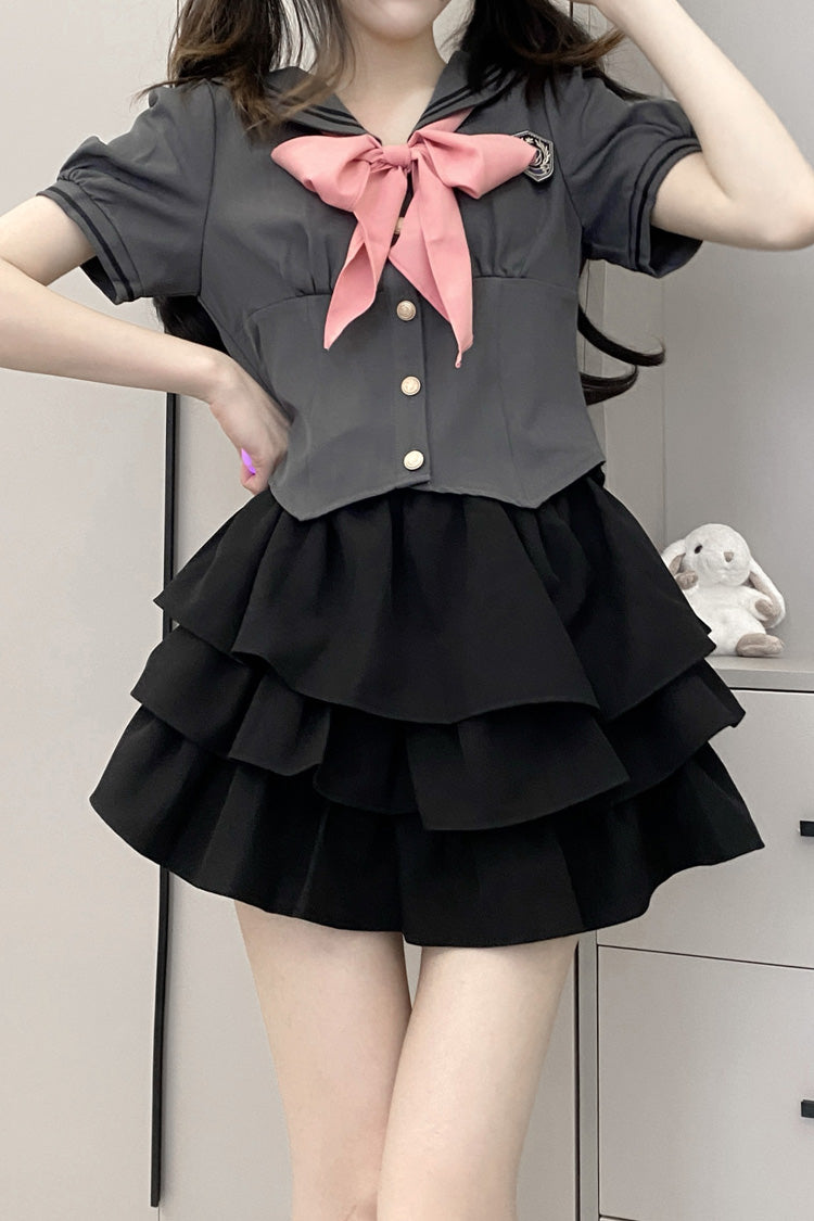 Short Sleeves Multi-layer Ruffle Bowknot Sweet College Style Japanese School Skirt Set 4 Colors - Product - 13