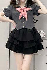 Short Sleeves Multi-layer Ruffle Bowknot Sweet College Style Japanese School Skirt Set 4 Colors - Product - 13