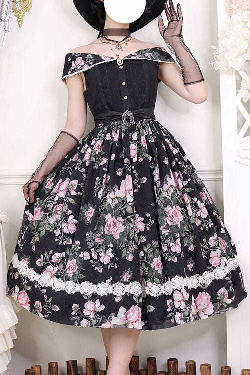 Black Elegant Vintage French Rose Floral Print V Collar Sleeveless Ruffled Classic Lolita JSK Dress - Black - 1