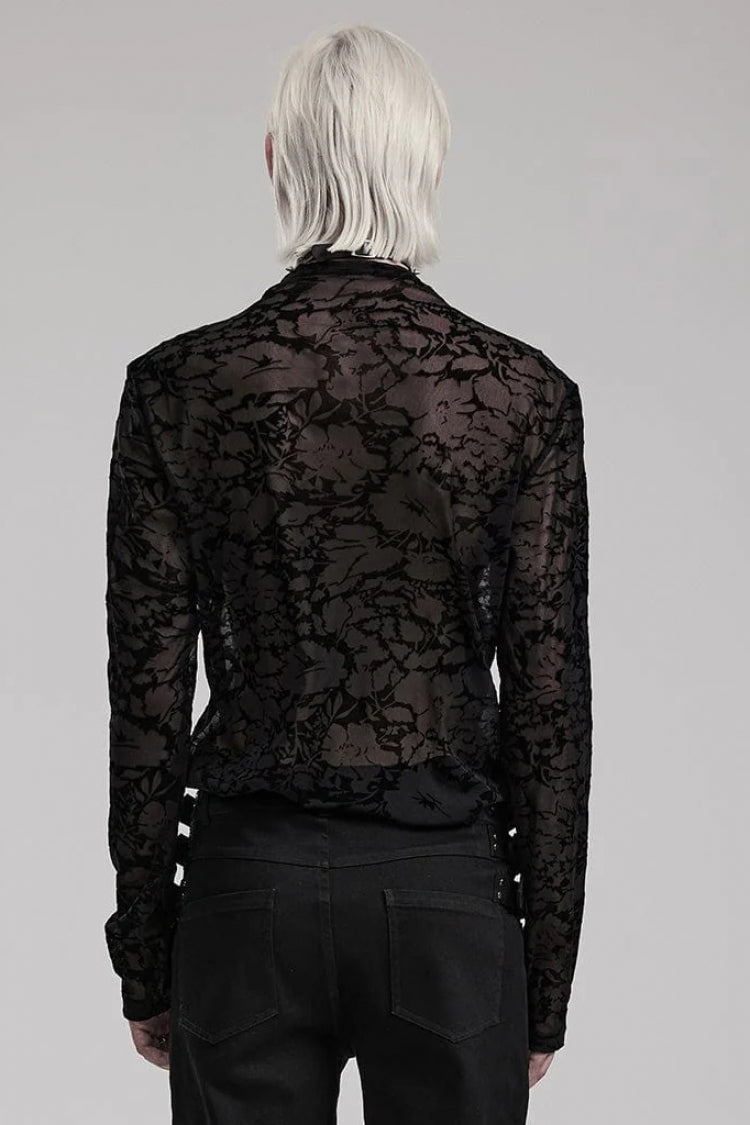 Black Long Sleeves Print Sheer Mesh Mens Gothic T-Shirt - Product - 3