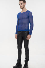 Blue Gothic Elasticity High Neck Long Sleeve Mesh Men's Shirt - Product - 5