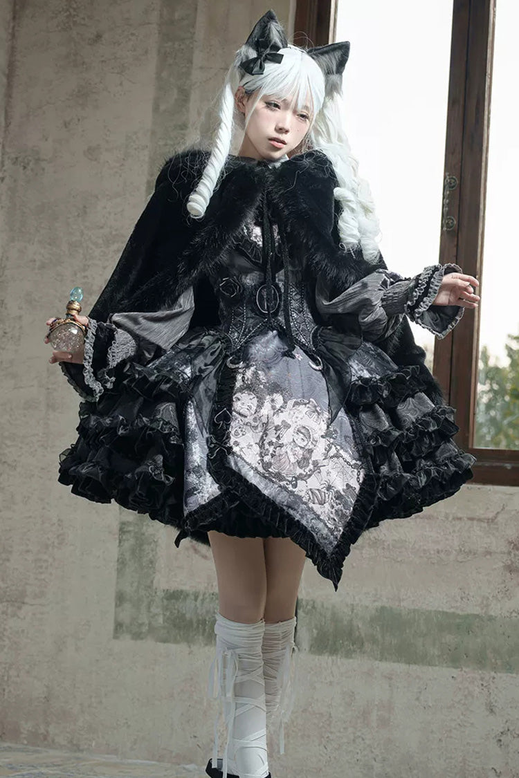 [Werewolf] Fairy Tale Lapel Collar Long Sleeves Printed Ruffled Open-Front Lace Heavy-Detailed Gothic Lolita Skirt Set (Red, Grey, Purple) - Product - 26