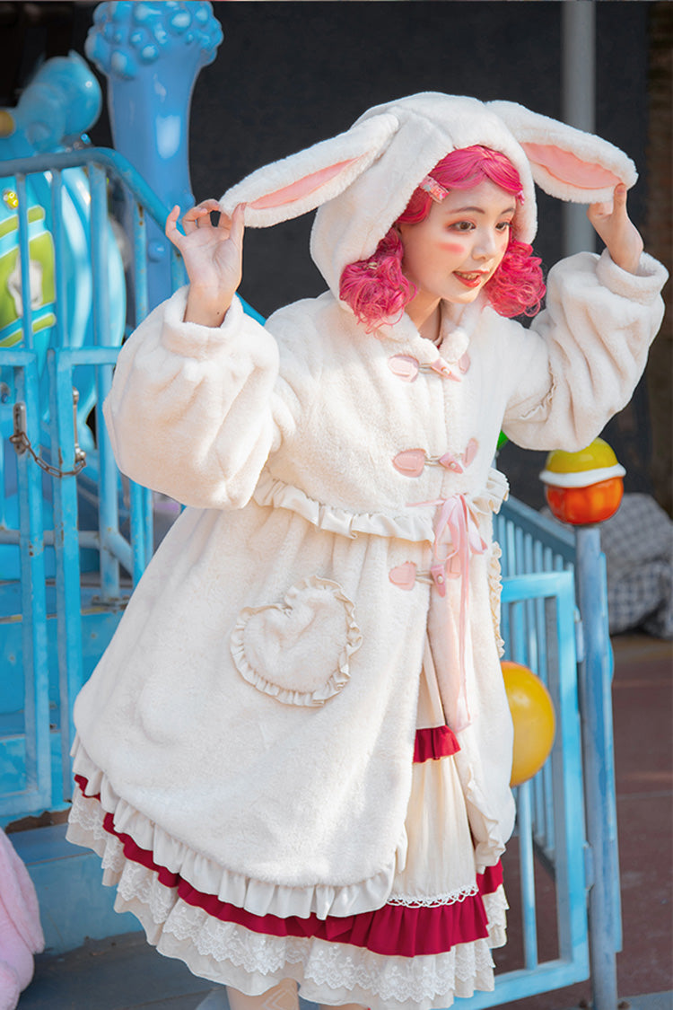 Ivory Long Ears Rabbit Ruffle Bowknot Hooded Daily Sweet Lolita Coat - Ivory - 1
