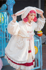 Ivory Long Ears Rabbit Ruffle Bowknot Hooded Daily Sweet Lolita Coat - Ivory - 1