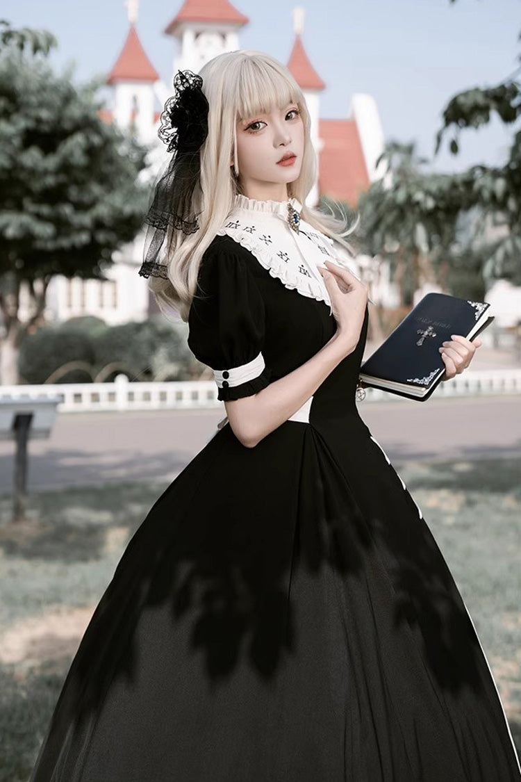 Black/White Short Sleeves Color-blocked with Detachable Embroidered Faux Collar Gothic Lolita Dress - Product - 7