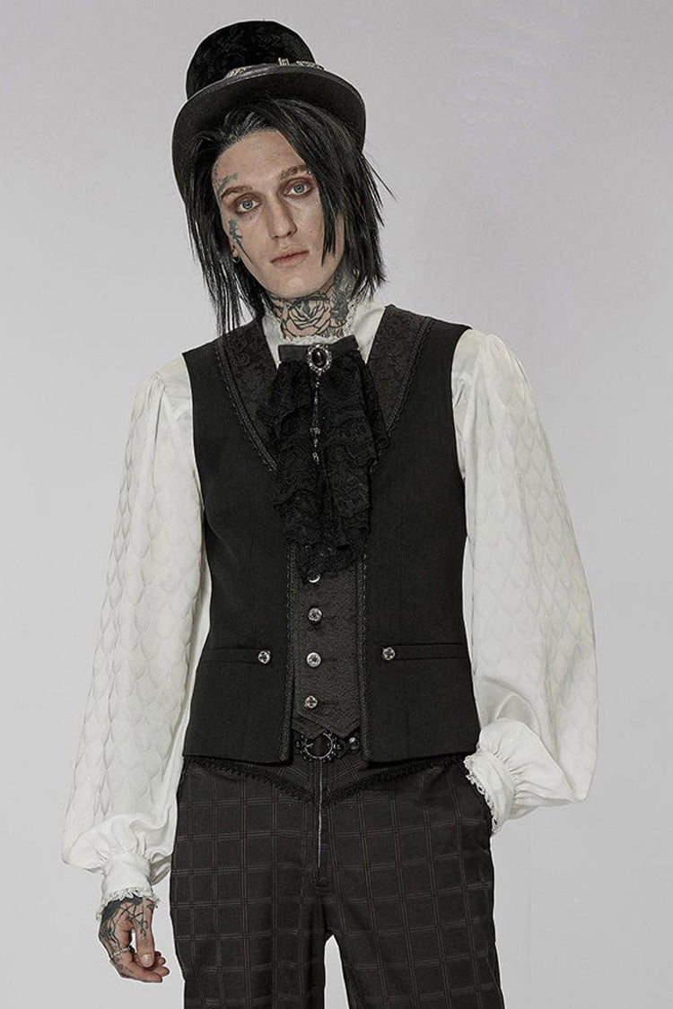 Black Punk Jacquard V-Neck Stitching Three Dimensional Engraving Hand Sewn Button Lace Short Men's Vest - Product - 2