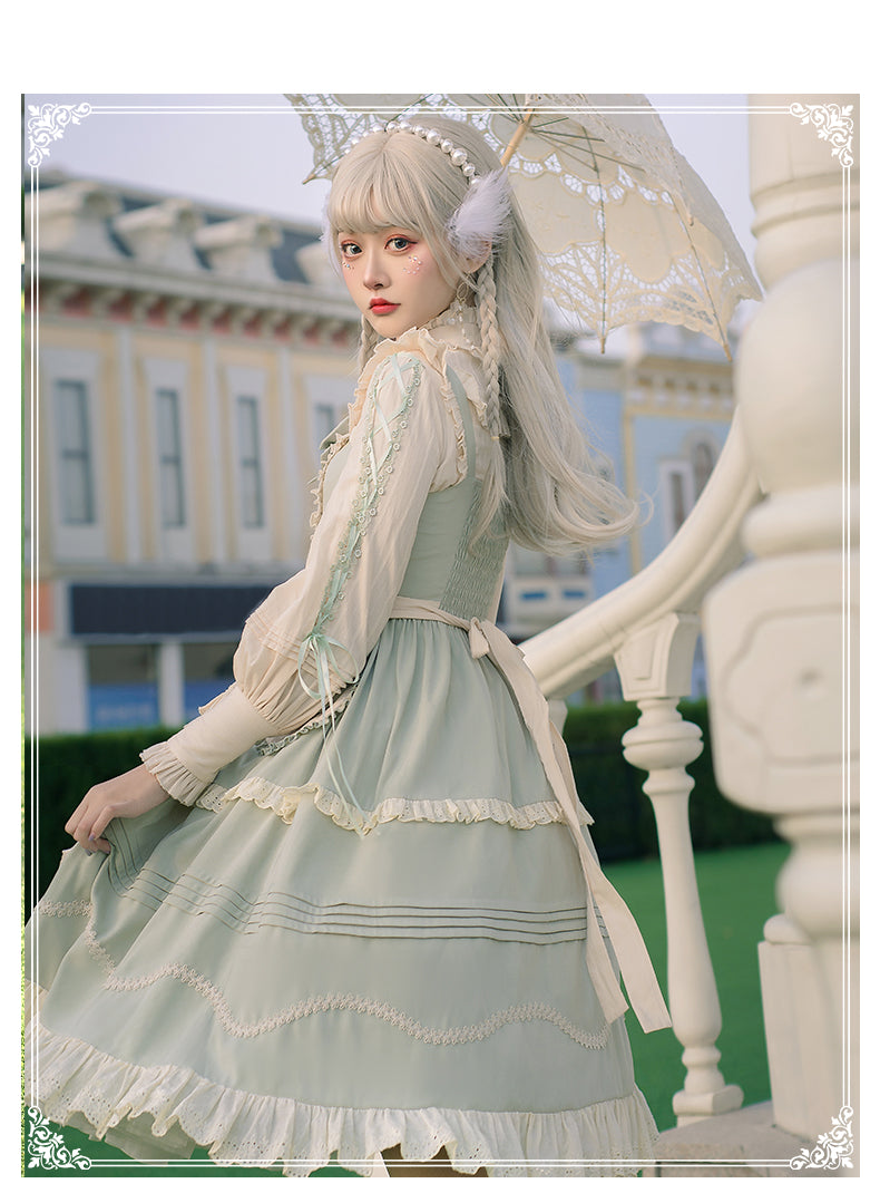 Light Green Japanese Country Style Bowknot Cardigan Ruffled Sweet Lolita JSK Dress - Product - 5