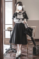 Black/White [Sunset Academy] Long Sleeves Ruffle Bowknot Fake Two Pieces Vintage College Style Elegant Lolita Dress - Black/White - 1