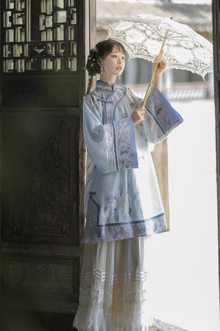 Blue [Flower Room] Stand Collar Long Sleeves High Waisted Printed Embroidered Women's Sweet Classic Hanfu Dress Set - Product - 6