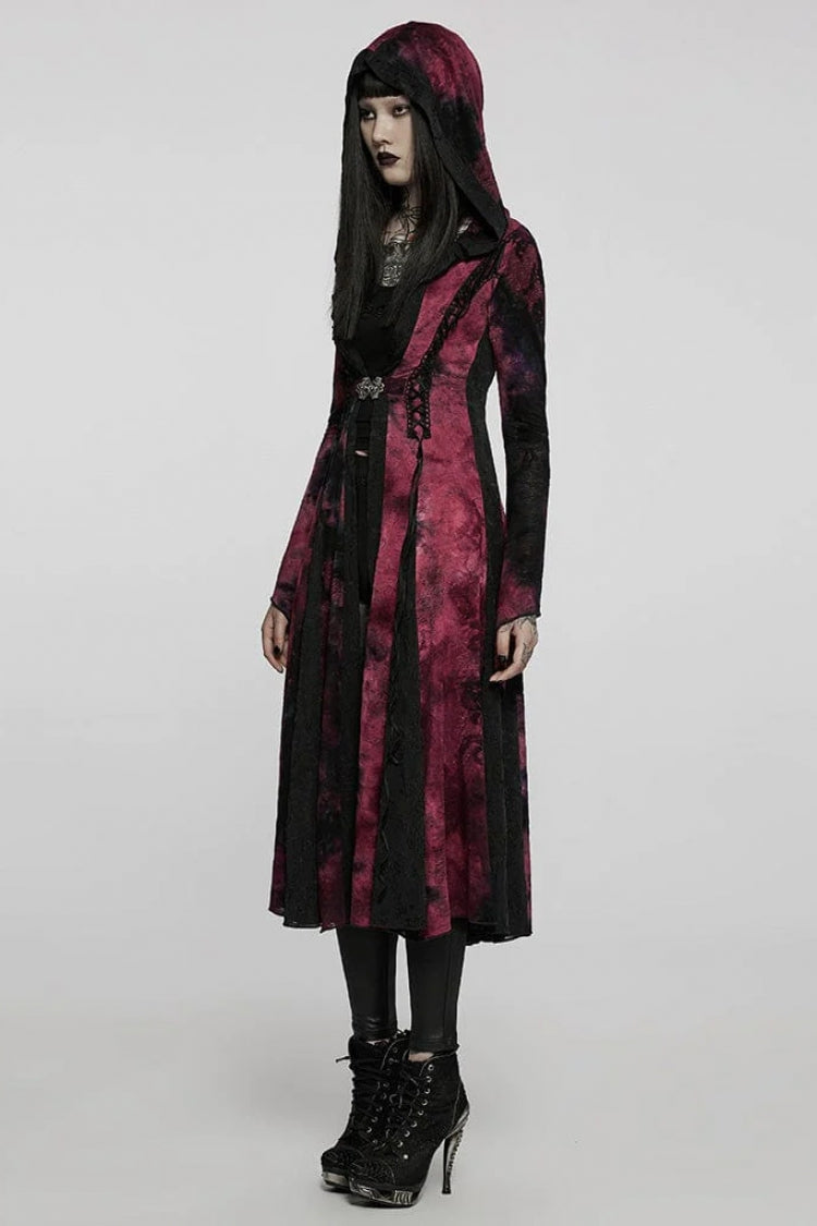 Red/Black Long Trumpet Sleeves Stitching Hooded Womens Gothic Vintage Coat - Product - 2