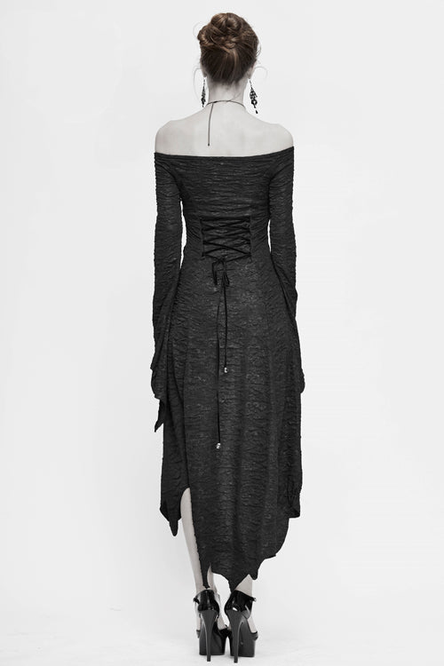 Black Sexy Stretchy Pleated Laced Up Waist Off Shoulder Slim Gothic Womens Dress - Product - 6