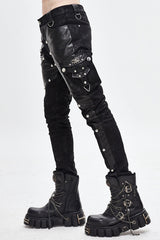 Black Patchwork Asymmetric Rivet Studded Punk Leather Mens Pants - Product - 3
